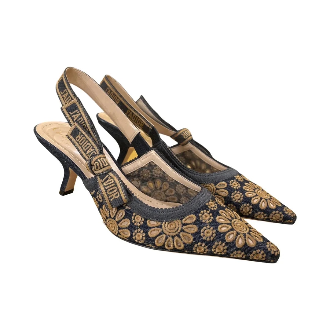 Dior — Christian Jadior Slingback Embroidered Fabric Denim_jeans — Designer Shoe — resale