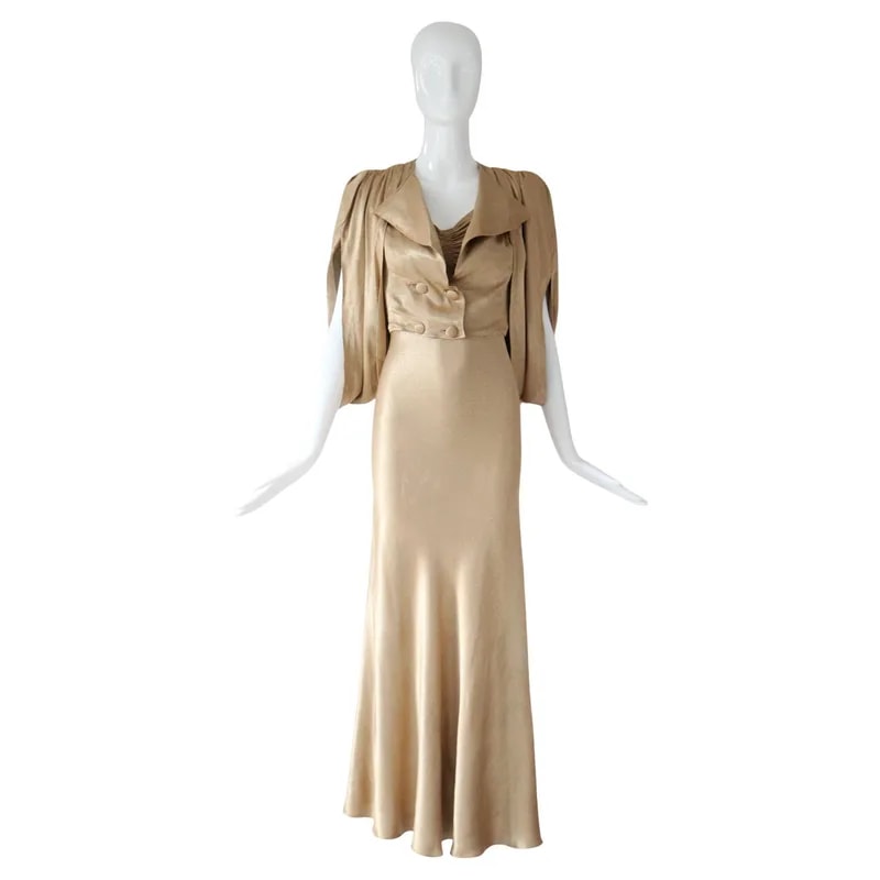 Vintage 1930s Gold Satin Evening Gown and Jacket Set — Clothing — resale