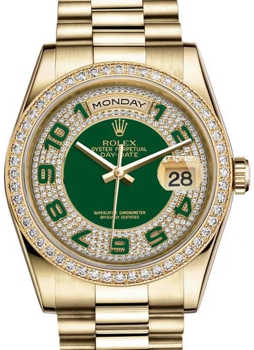 Worldofluxuryus — Rolex Day-Date Green 18K Yellow Gold & Diamonds — Watch — resale