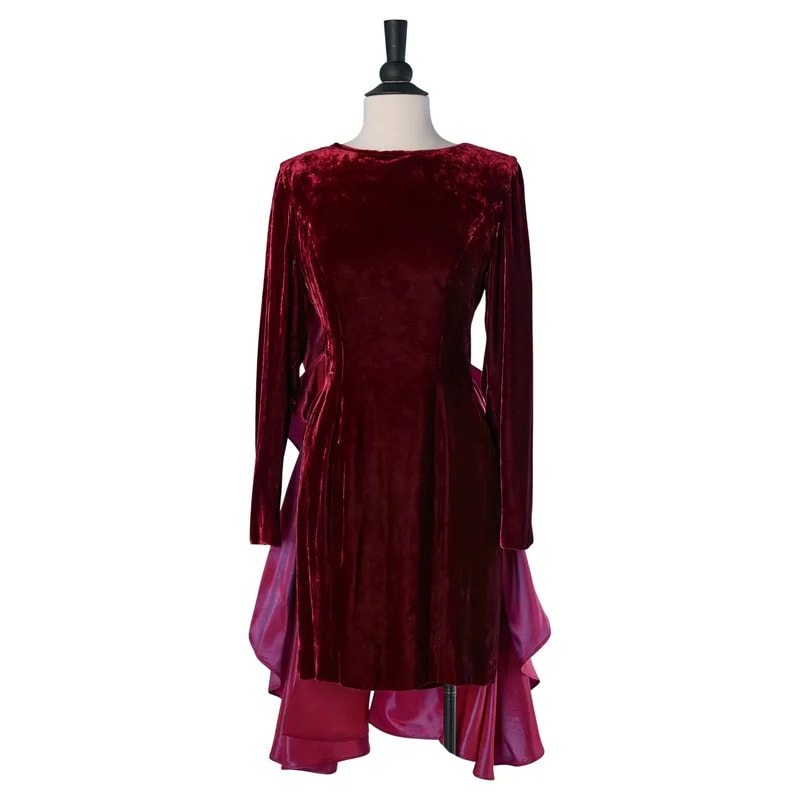 Velvet Burgundy Cocktail Dress with Taffetas Bow on the Back, Circa 1960s — Clothing — resale
