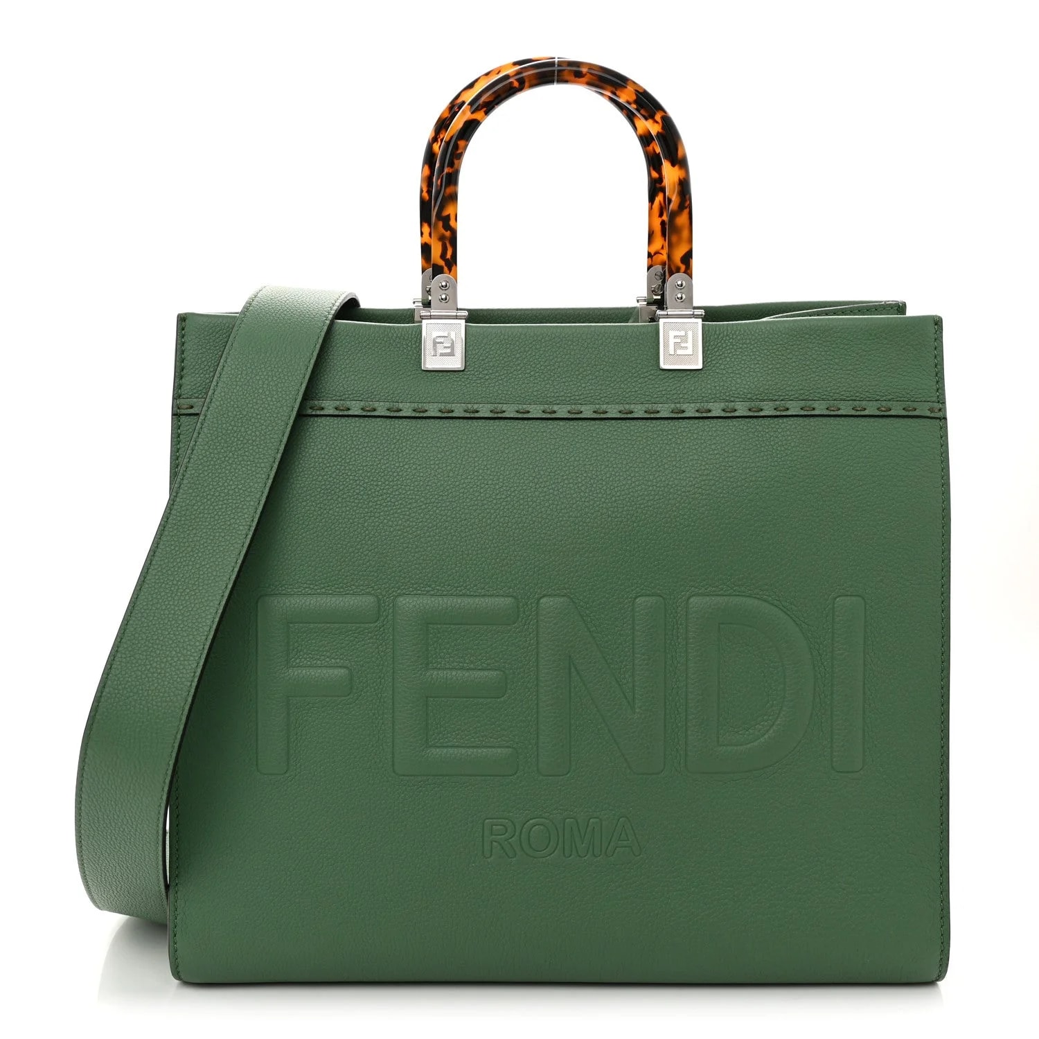 Fendi — Vitello Cher Plexiglass Logo Debossed Medium Fendi Sunshine Shopper Verde Islanda — Handbag — resale