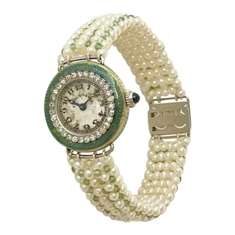 Marina J. — J Edwardian Diamond, Enamel, Platinum, Gold & Woven Pearl Bracelet — Watch — resale