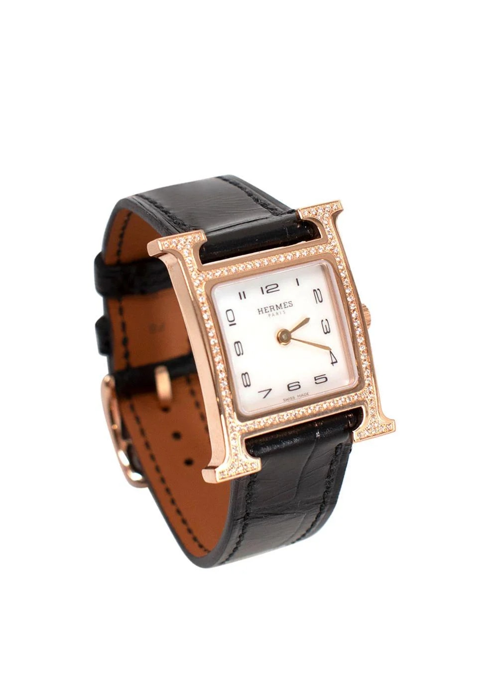 Hermès — Hermes Black Alligator and Diamond Heure H With Rose Gold Hardware — Watch — resale