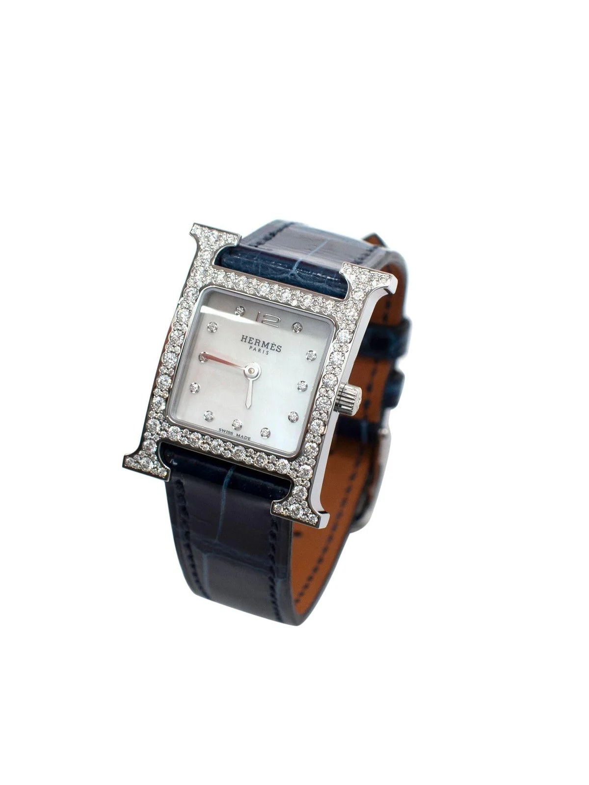 Hermès — Hermes Navy Alligator Diamond Heure H 21mm With Palladium Hardware — Watch — resale