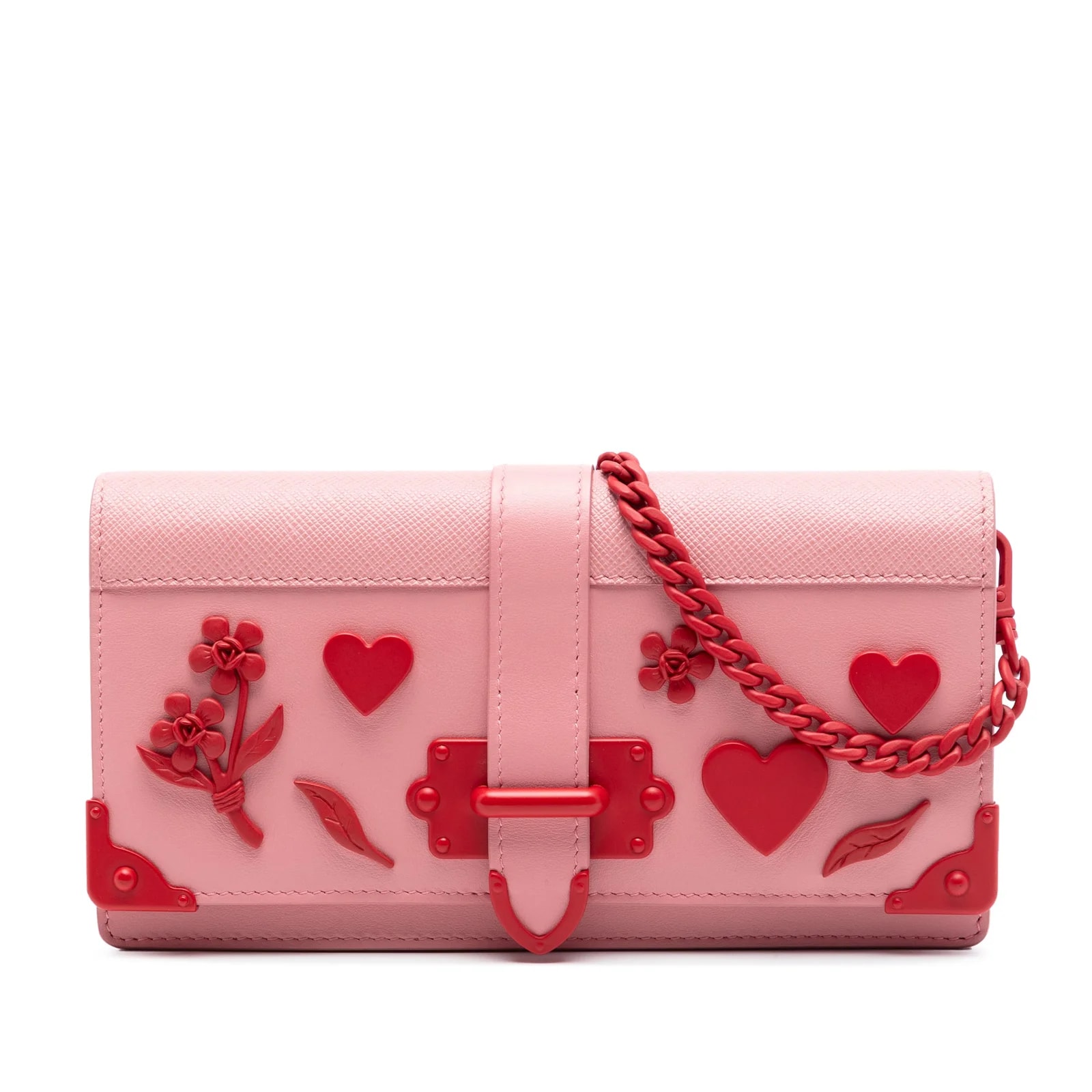 Prada — Trimmed City Calf Cahier Heart and Flower Wallet on Chain — Handbag — resale