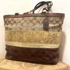 Coach — Coach Gold Signature Patchwork Tote Bag Leather Suede — Handbag — resale
