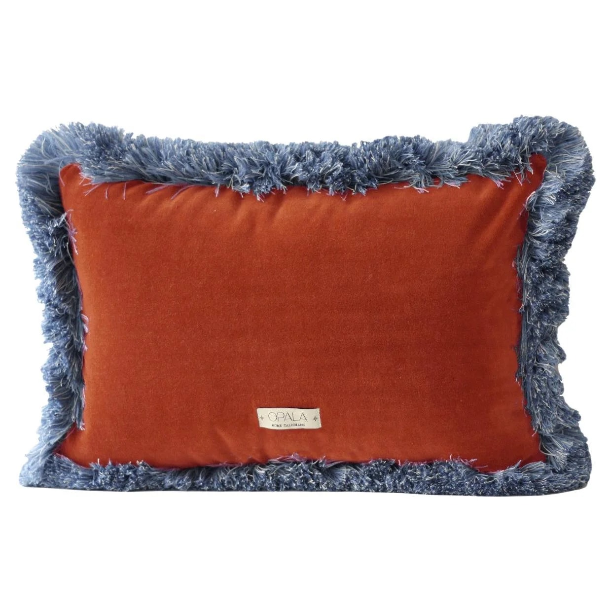 Daisy II Terracota Velvet Deluxe Handmade Decorative Cushion with Blue Fringe — decorative_object — resale
