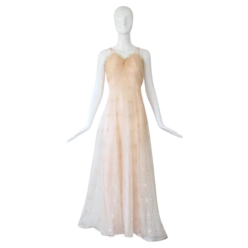 1930s Vintage Peach Lace Gown with Floral Embroidery US 6 UK 10 — Clothing — resale