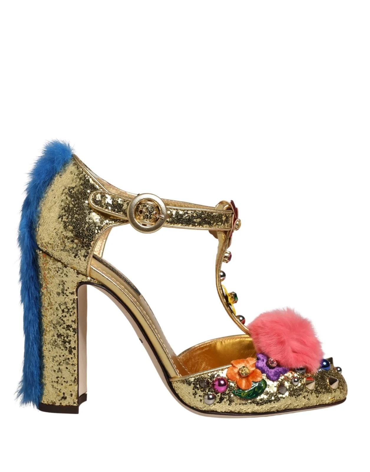 Dolce & Gabbana — Dolce & Gabbana Fur Trim Glitter T-strap — Designer Shoe — resale