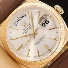 Rolex — Rolex Day-date 1803 18K Yellow Gold Silver Dial Brown Leather — Watch — resale