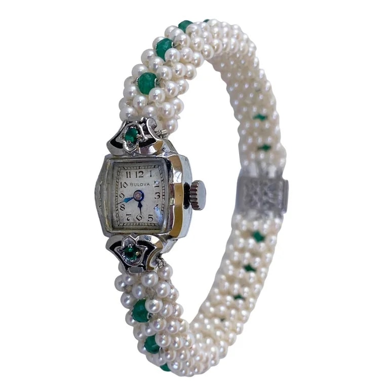 Marina J. — Marina J. Emerald Encrusted With Woven Pearls and 14k White Gold — Watch — resale