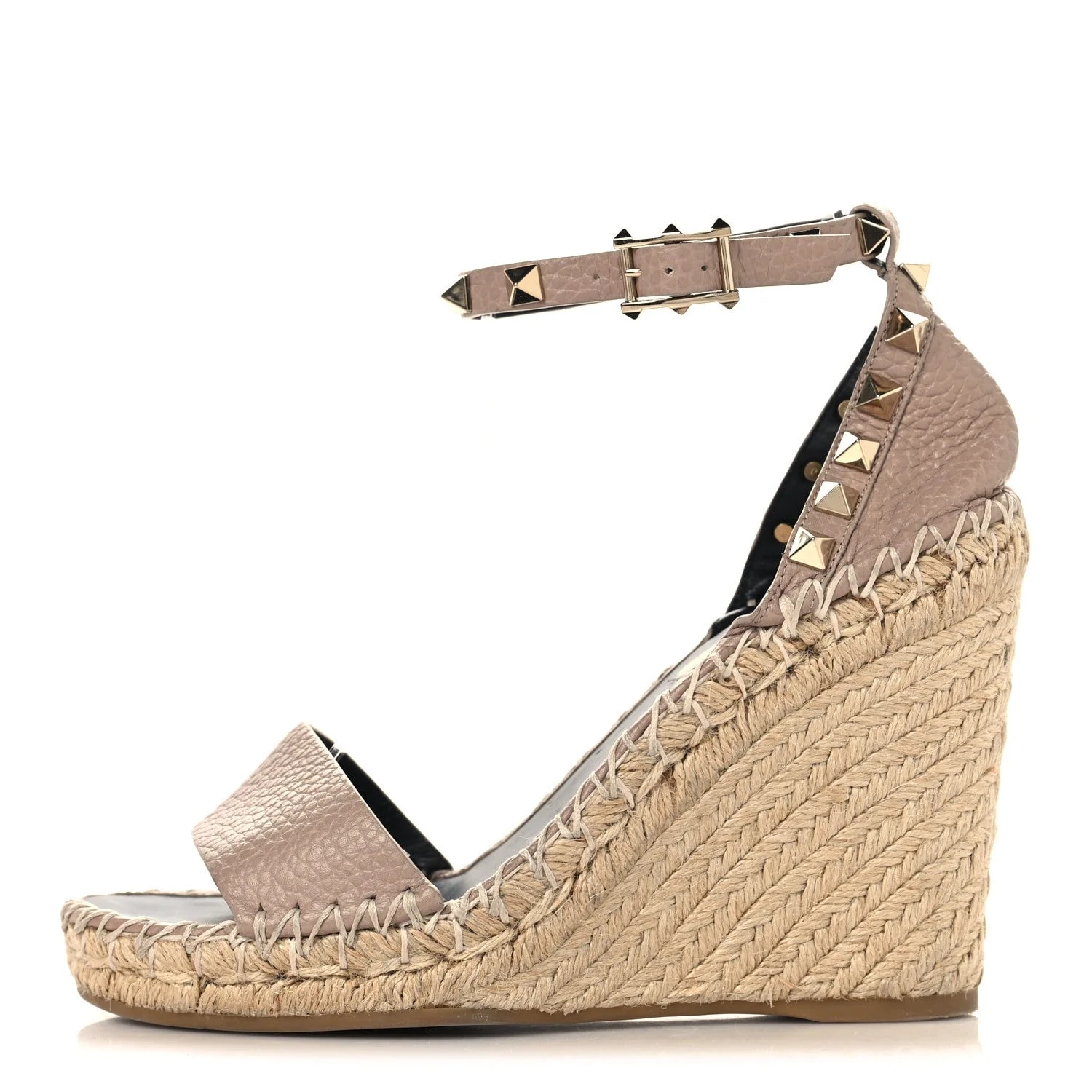 Valentino Garavani — Grained Rockstud Ankle Strap Espadrille 15/105mm Wedge 35 Poudre — Designer Shoe — resale