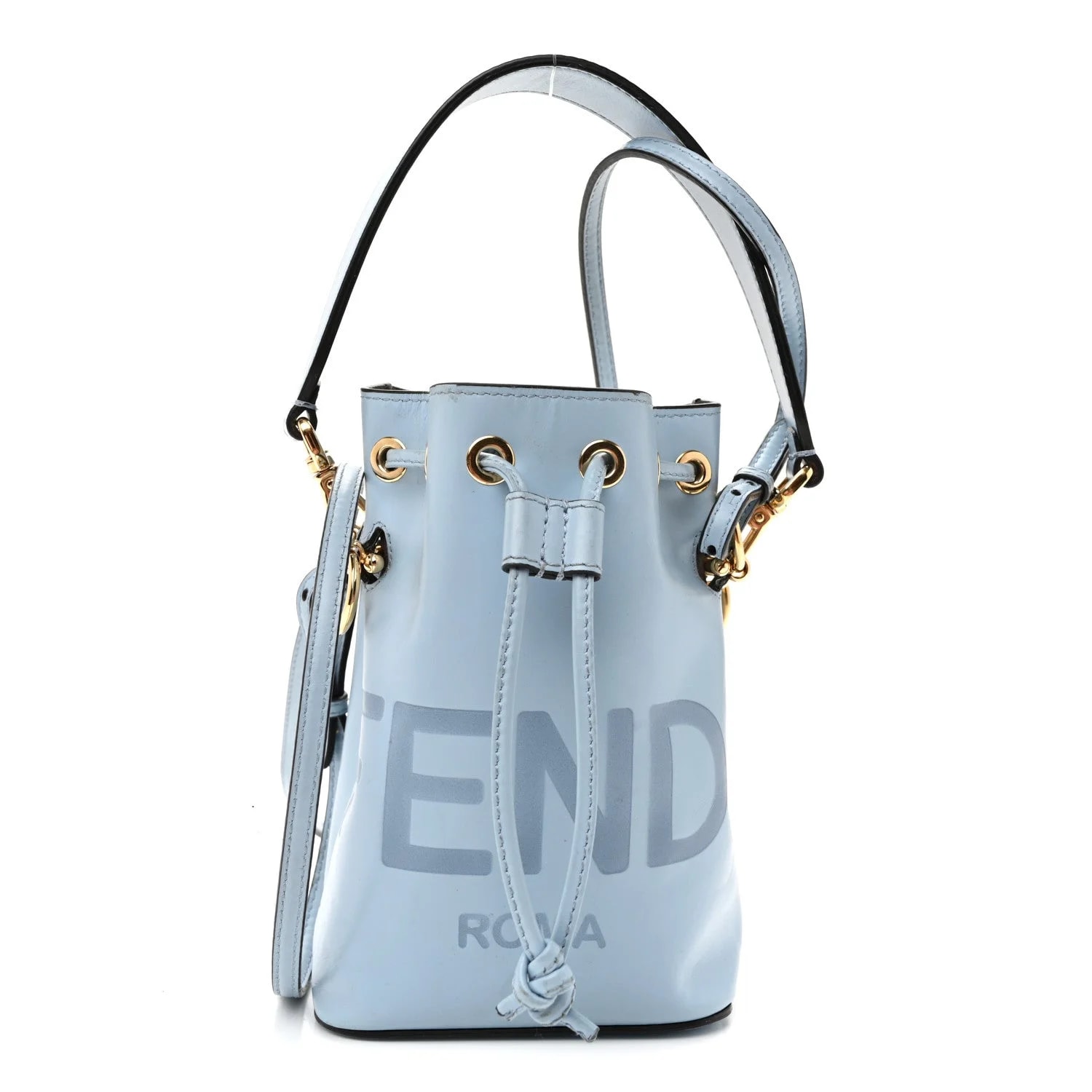 Fendi — Vitello King F Is Fendi Logo Embossed Mini Mon Tresor Bucket Azzurro Baby — Handbag — resale