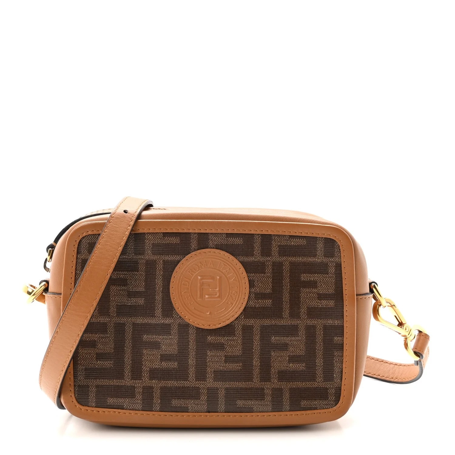 Fendi — Fabric Vitello Century 1974 Stamp Patch Mini Camera Case Mogano Panna Caramello — Handbag — resale
