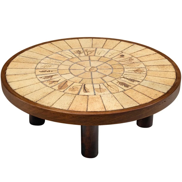 Roger Capron — Roger Capron Round Coffee With Floral Imprints in Ceramic and Wood — Furniture — resale