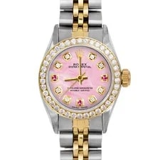 Rolex — Rolex TT Oyster Perpetual Pink MOP Ruby Diamond Dial Diamond Bezel — Watch — resale