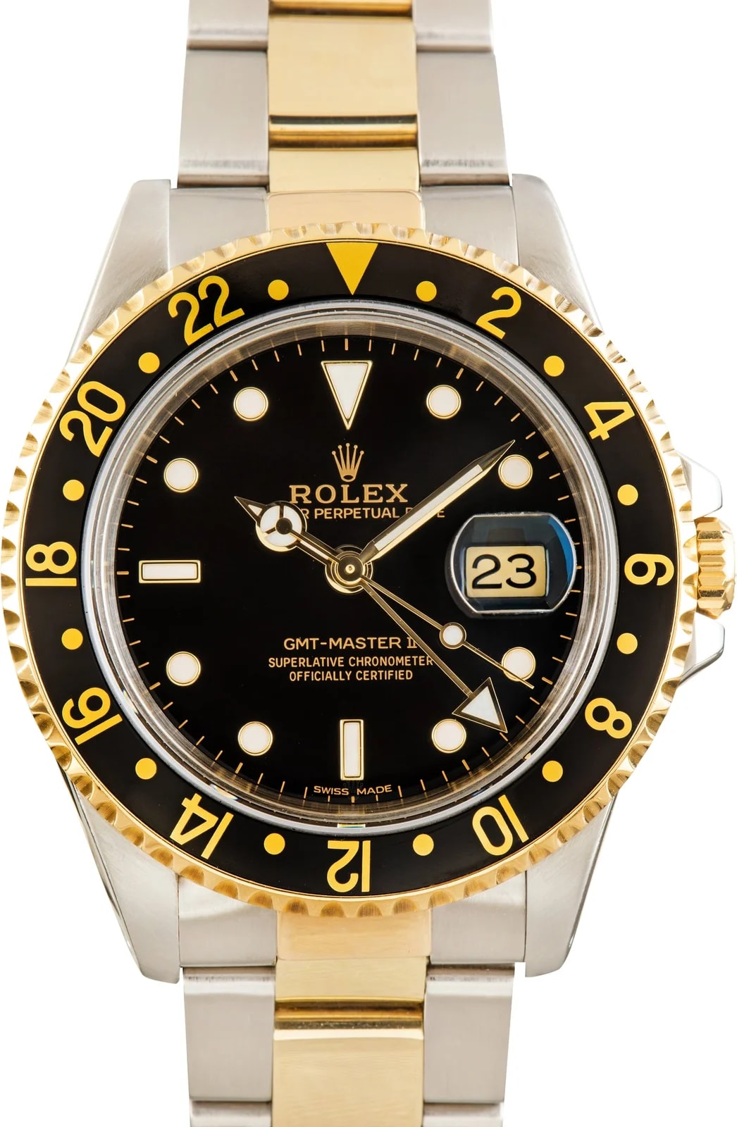 Rolex — Black Dial Rolex GMT-Master II Ref 16713 Steel & 18k Yellow Gold — Watch — resale