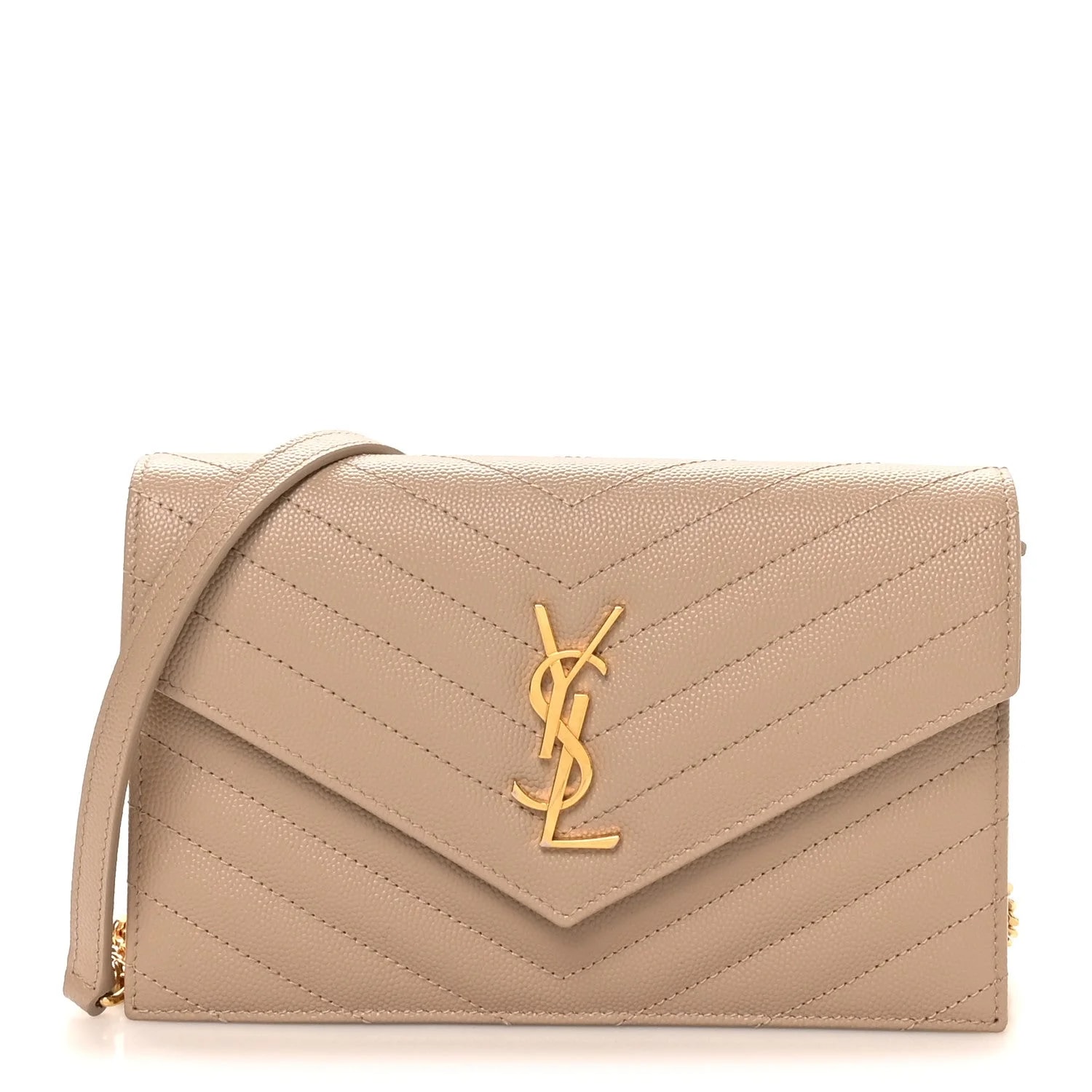 Saint Laurent — Grain de Poudre Chevron Monogram Envelope Chain Wallet Crema Soft — Handbag — resale