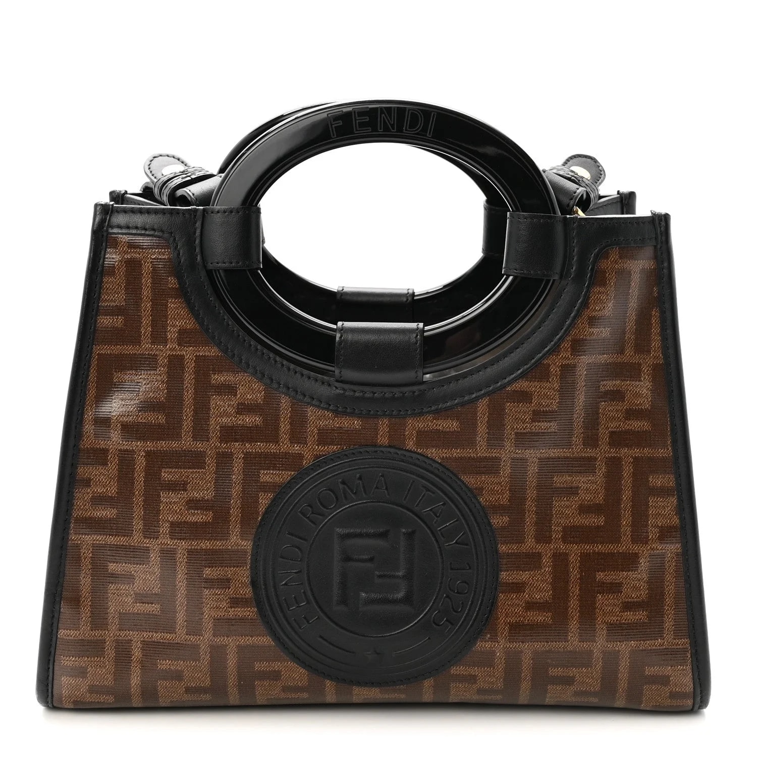 Fendi — Fabric Vitello Century Plexiglass 1974 Stamp Patch Small Runaway Shopper Mogano Panna — Handbag — resale