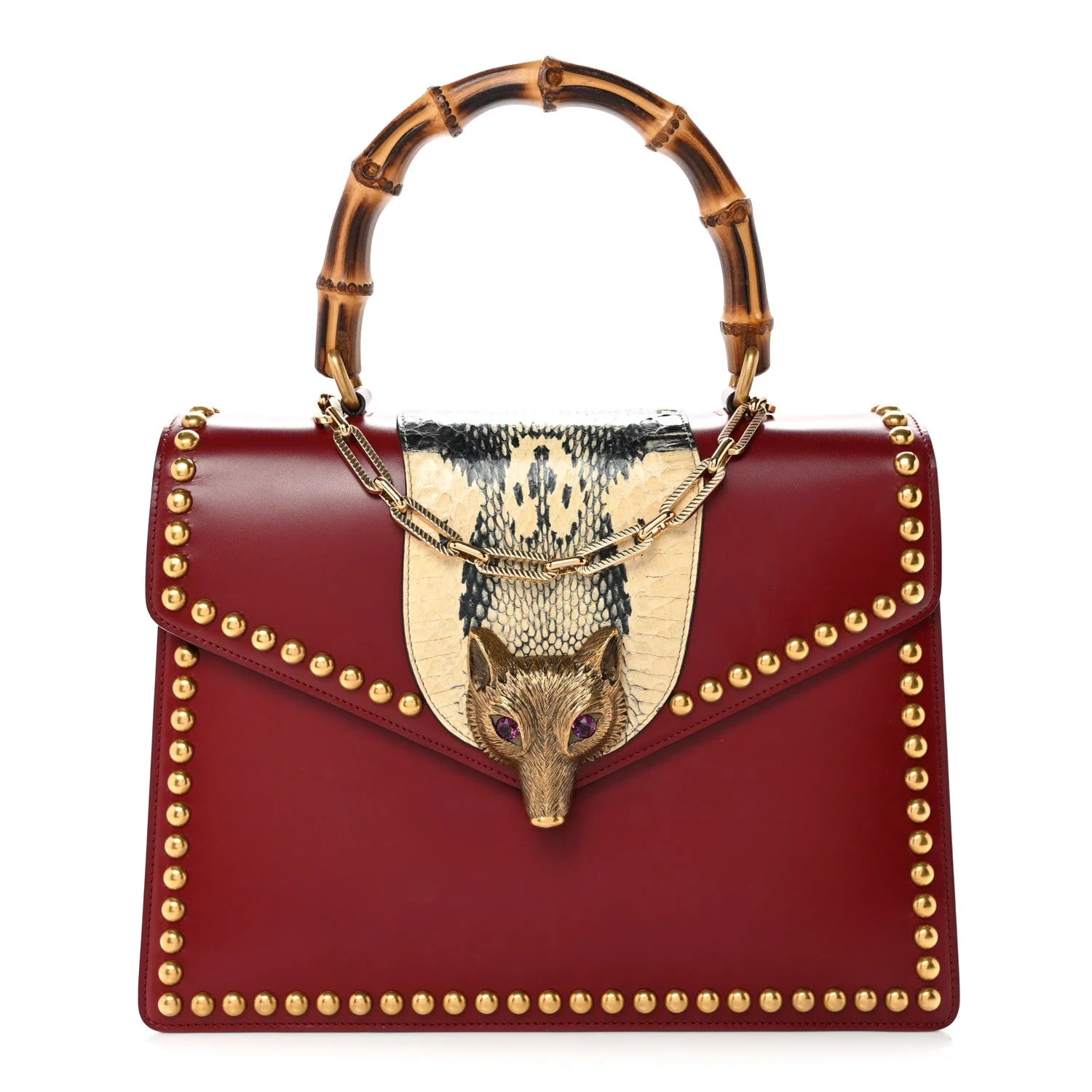 Gucci — Glossy Studded Fox Broche Bamboo Top Handle — Handbag — resale