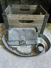 Fendi — Fendi Baguette - Calf Rome Jeans in With Palladium Chain Strap — Handbag — resale