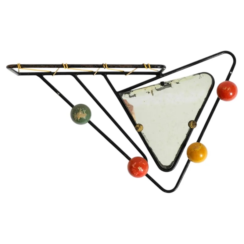 French Mid-Century Modern Metal Wall Mounted Coat Rack with Shelf and Mirror — decorative_object — resale