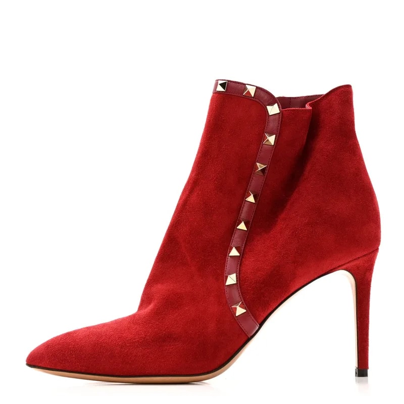 Valentino Garavani — Rockstud 85mm Ankle Booties 39.5 Rubino — Designer Shoe — resale