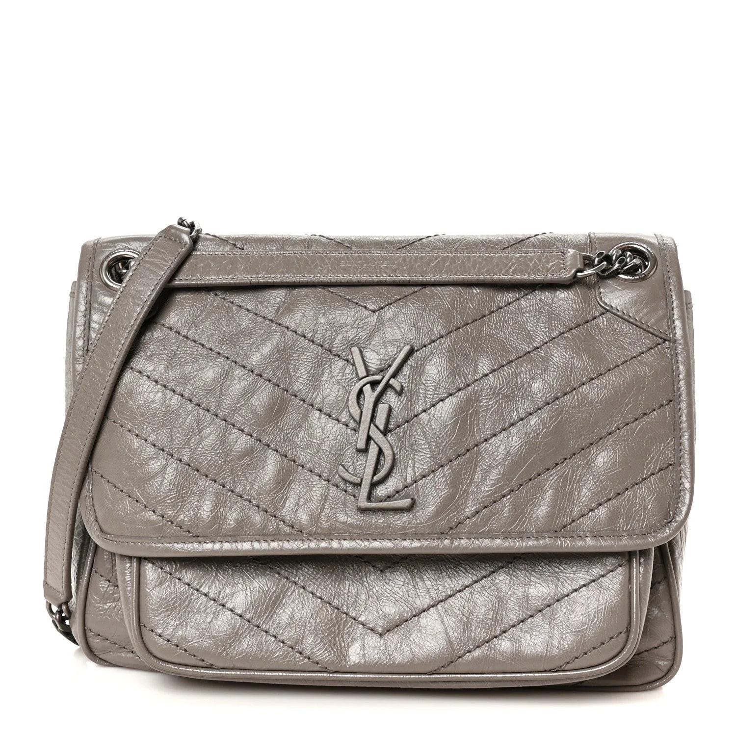 Saint Laurent — Crinkled Medium Niki Chain Satchel Fog — Handbag — resale