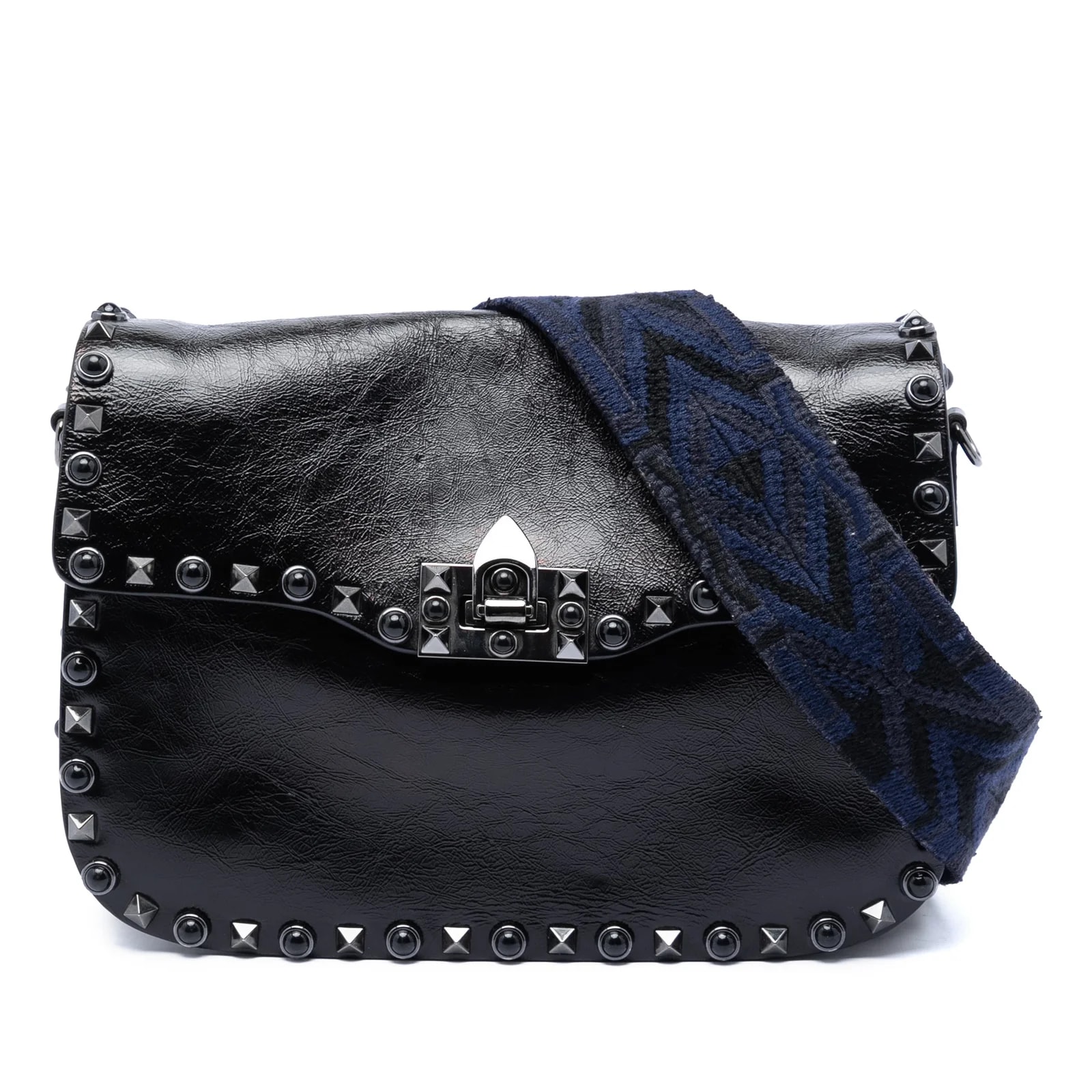 Valentino — Medium Craquele Guitar Strap Rockstud Rolling Flap Crossbody — Handbag — resale